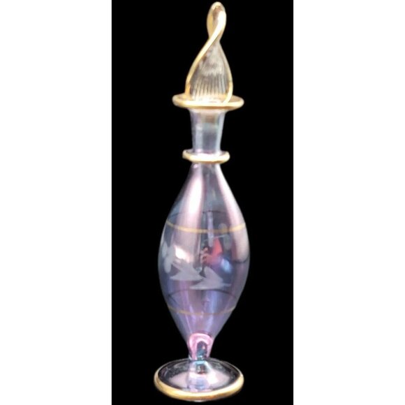 Egyptian Hand Blown Glass Perfume Bottle Blue Purple Iridescent Etched Floowers - Picture 2 of 5